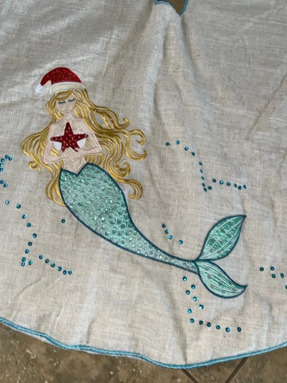Mermaid Starfish Embroidered Coastal Turquoise White Christmas 52”W Tree Skirt